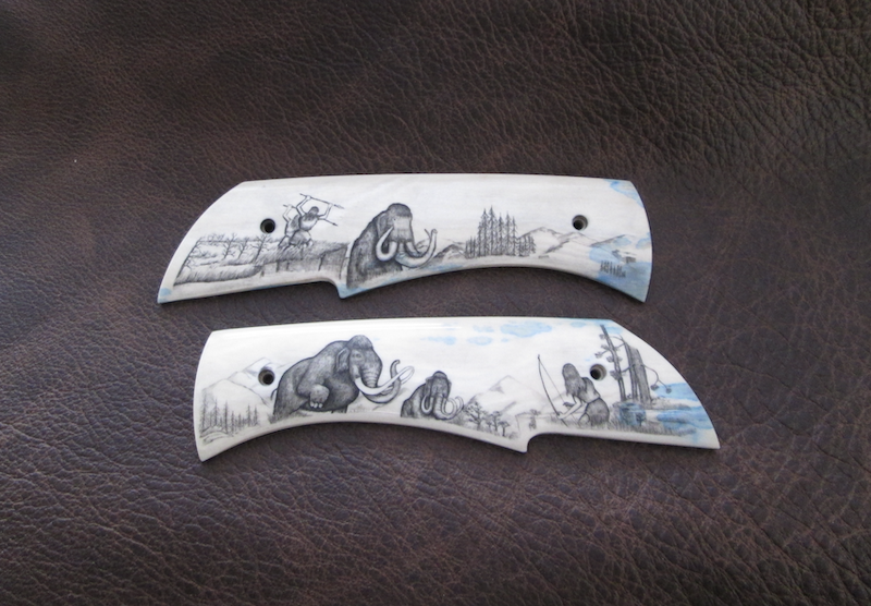 Décor manche de couteau Scène de chasse préhistorique sur ivoire de mammouth